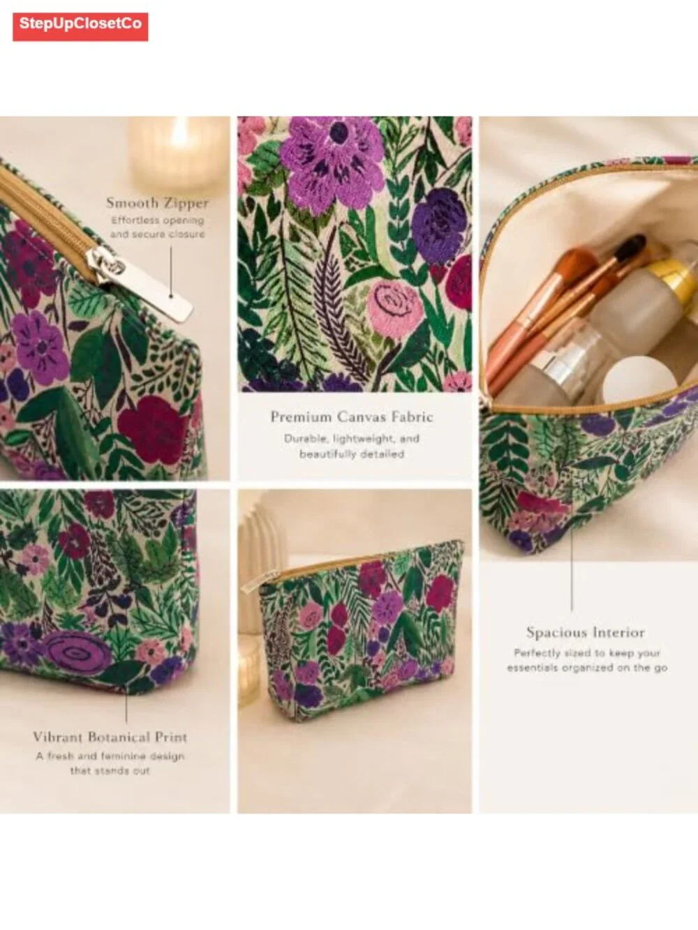 Slim Floral Makeup Pouch with Vintage Botanical Print, Cosmetic Bag for Women,